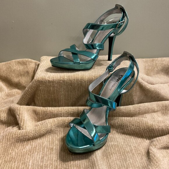 Fioni NIGHT Platform Sandal Heels - Metallic Turquoise Blue - Size 9 - Picture 3 of 8